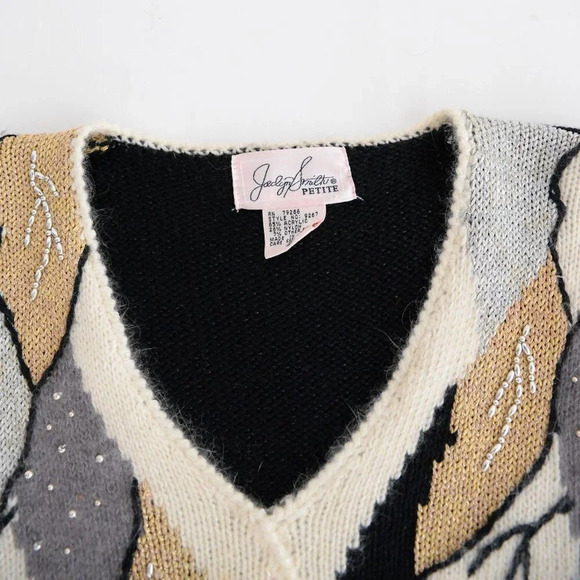 Vintage Joslen Smith  Black with Gold Detail V-Neck Sweater LG - Picture 11 of 12